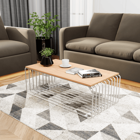 LeisureMod Walden Mid Century Modern Rectangular Coffee Table with Powder Coated Steel Frame, With Ash Wood Veneer Top Accent Table for Living Room and Bedroom