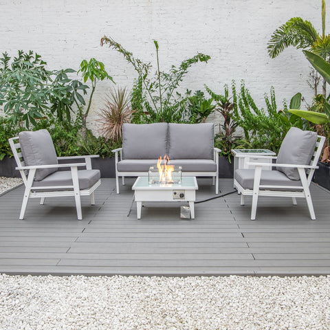 LeisureMod Walbrooke Modern White Patio Conversation With Square Fire Pit & Tank Holder