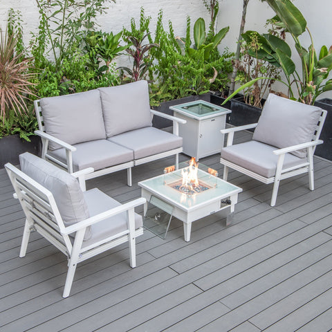 LeisureMod Walbrooke Modern White Patio Conversation With Square Fire Pit & Tank Holder