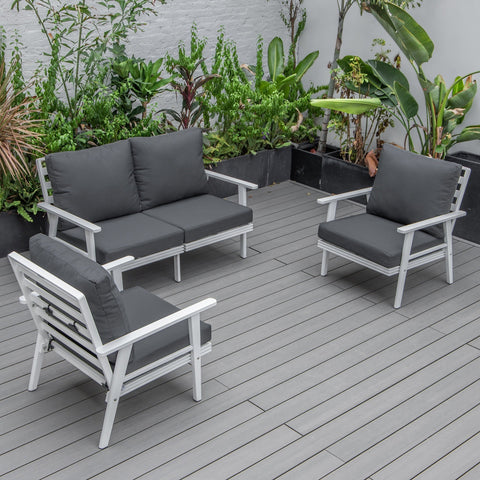 LeisureMod Walbrooke Modern 3-Piece Outdoor Patio Set with White Aluminum Frame and Removable Cushions Loveseat and Set of 2 Armchairs