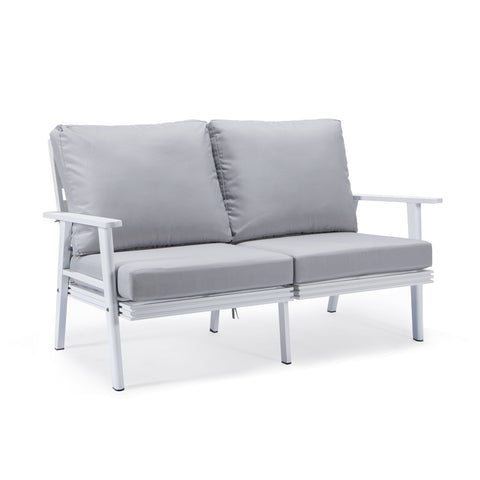 LeisureMod Walbrooke Modern 3-Piece Outdoor Patio Set with White Aluminum Frame and Removable Cushions Loveseat and Set of 2 Armchairs