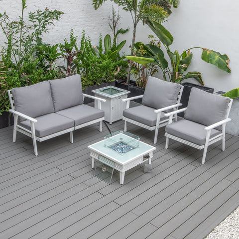 LeisureMod Walbrooke Modern White Patio Conversation With Square Fire Pit With Slats Design & Tank Holder