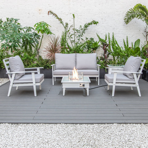LeisureMod Walbrooke Modern White Patio Conversation With Square Fire Pit With Slats Design & Tank Holder