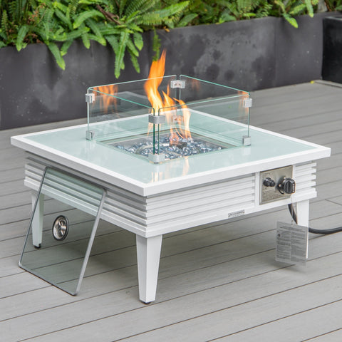 Leisuremod Walbrooke Modern Outdoor Square Fire Pit Table with Powder-Coated Aliuminum Frame and Slats Design