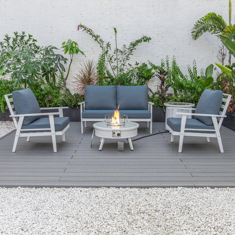 LeisureMod Walbrooke Modern White Patio Conversation With Round Fire Pit With Slats Design & Tank Holder