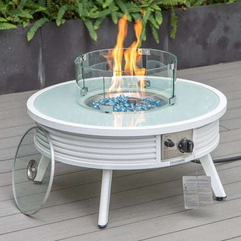 LeisureMod Walbrooke Modern White Patio Conversation With Round Fire Pit With Slats Design & Tank Holder