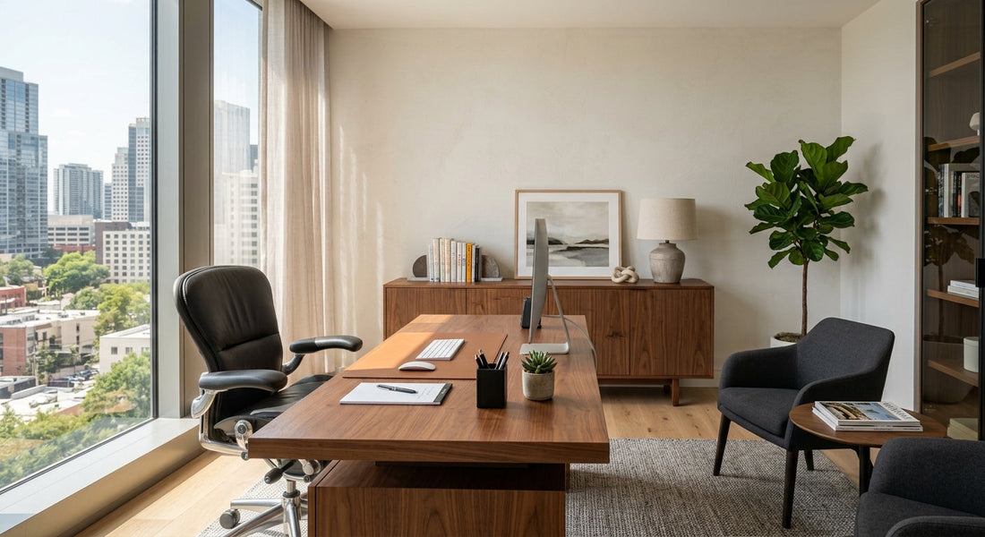 Executive home office layout featuring an organized wooden desk in the command position, ergonomic black office chair, and modern credenza