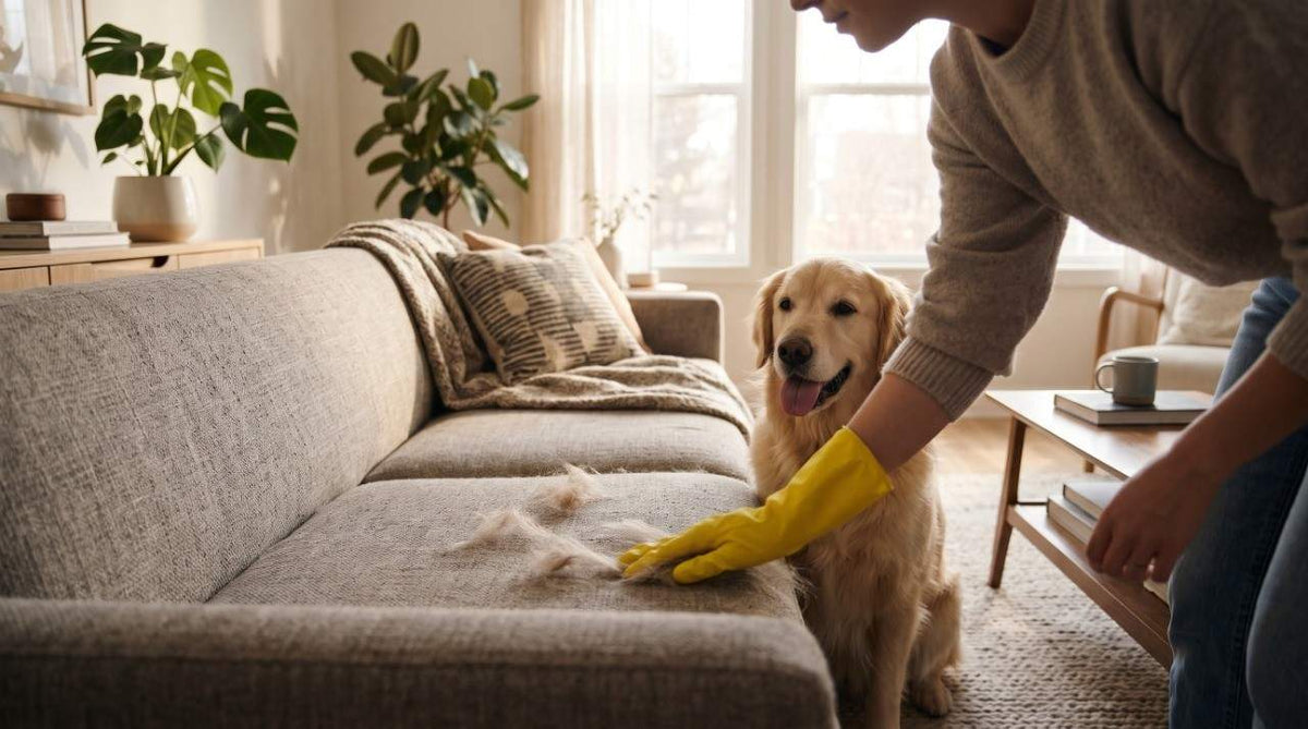 Removing dog hair from fabric couch using rubber glove