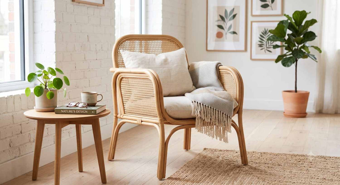 Modern natural rattan chair with woven cane seat