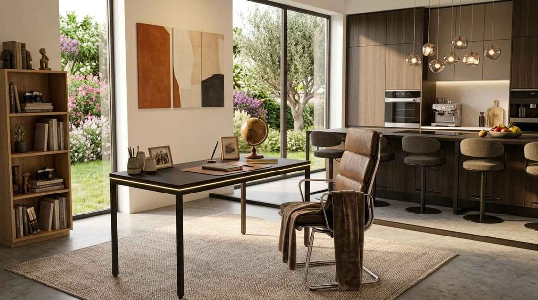 Open-plan living space seamlessly combining a standard desk workspace with a kitchen counter seating area.