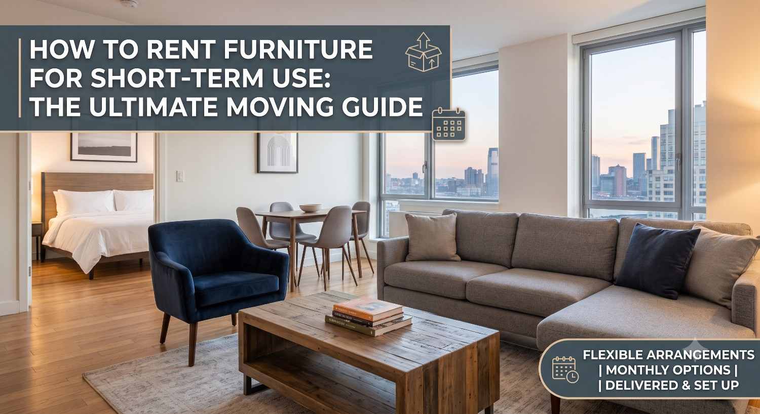 Furnished modern apartment living room with rental sofa and bed.