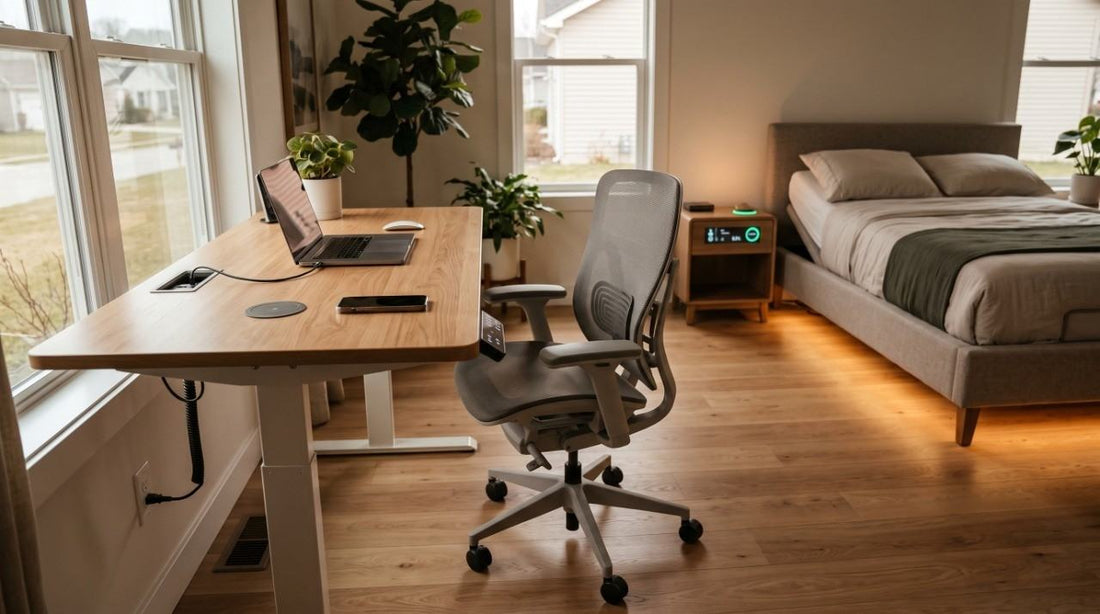 Motorized smart desk and ergonomic office setup in a modern bedroom