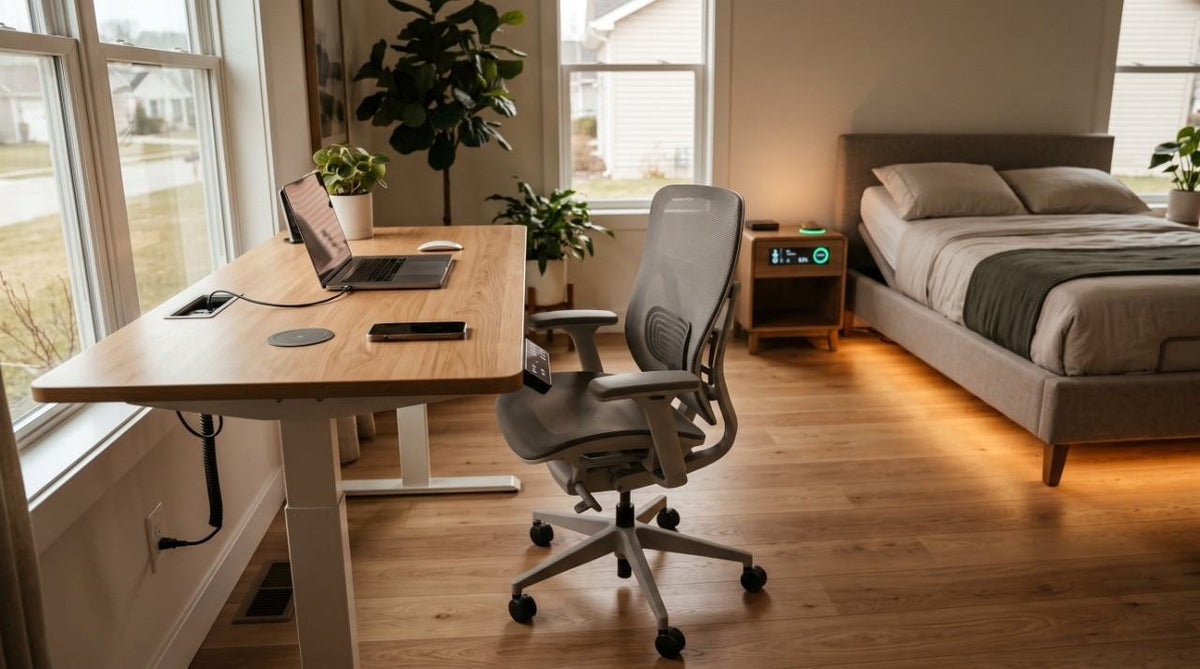 Motorized smart desk and ergonomic office setup in a modern bedroom
