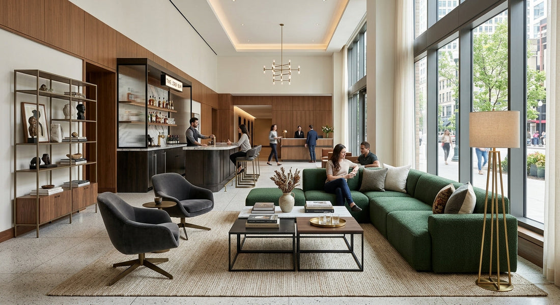 Luxury contemporary hotel lobby filled with modern moveable furniture, fixtures, and equipment.