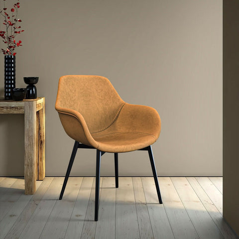 Markley Modern Leather Dining Arm Chair With Black/Gold Metal Legs