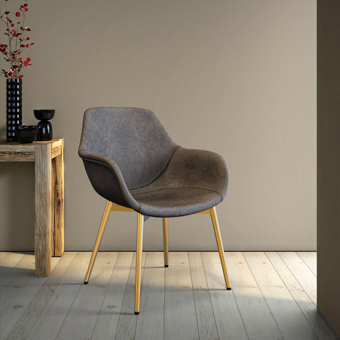 Markley Modern Leather Dining Arm Chair With Black/Gold Metal Legs