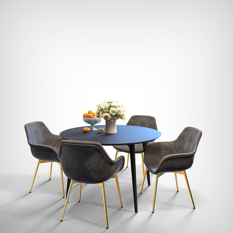 Markley Modern Leather Dining Arm Chair With Black/Gold Metal Legs
