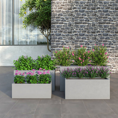 LeisureMod Flora Modern 3-Piece Rectangular Planter Pot Set in Fiberstone and Clay Weather Resistant Design in Grey