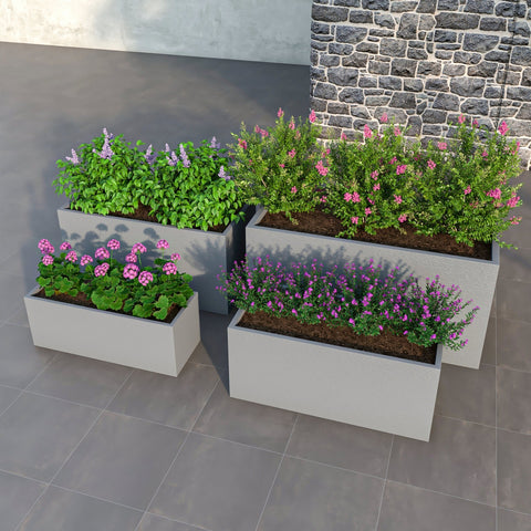 LeisureMod Flora Modern 3-Piece Rectangular Planter Pot Set in Fiberstone and Clay Weather Resistant Design in Grey