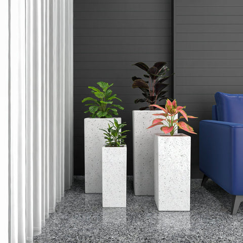 Terra 4-Piece Fiberstone and MGO Clay Planter Set, Mid-Century Modern Tall Square Planter Pot for Indoor and Outdoor