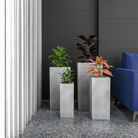 Terra 4-Piece Fiberstone and MGO Clay Planter Set, Mid-Century Modern Tall Square Planter Pot for Indoor and Outdoor