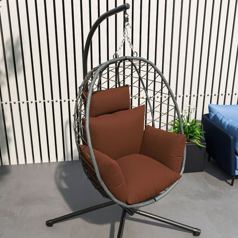 Summit Outdoor Single Person Egg Swing Chair in Grey/Black/Brown Steel Frame With Removable Cushions