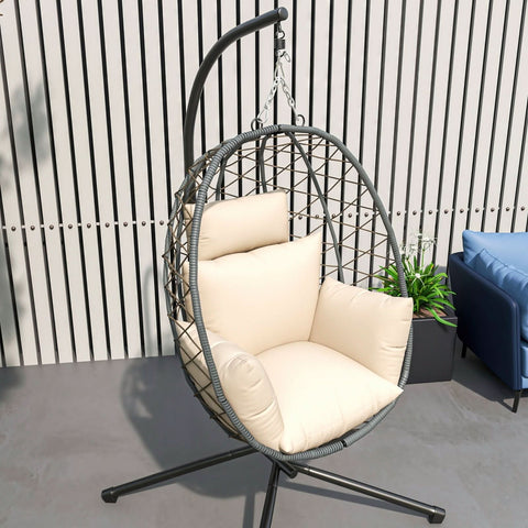 Summit Outdoor Single Person Egg Swing Chair in Grey/Black/Brown Steel Frame With Removable Cushions