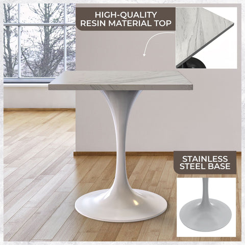 Verve Square Dining Table with a Laminated White Marbleized Tabletop and White/Black/Silver/Gold Steel Pedestal Base