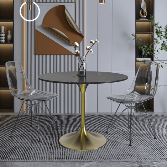 Verve Round Dining Table with MDF/Sintered Stone/Resin Tabletop in Gold Stainless Steel Pedestal Base