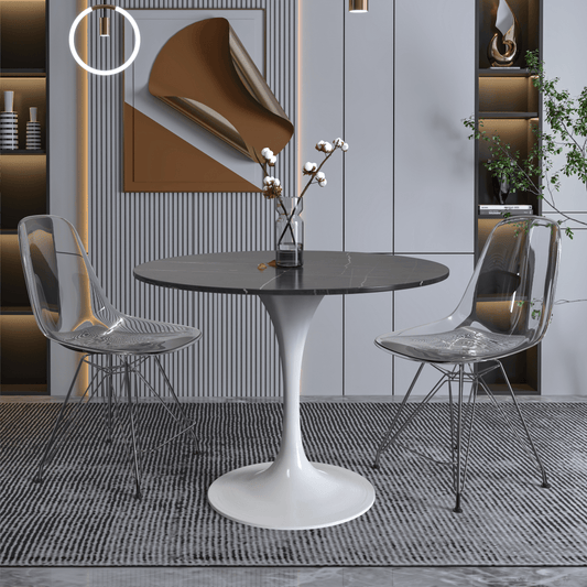 Verve Round Dining Table with MDF/Sintered Stone/Resin Tabletop in White Stainless Steel Pedestal Base