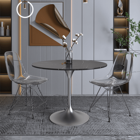 Verve Round Dining Table with MDF/Sintered Stone/Resin Tabletop in Silver Stainless Steel Pedestal Base