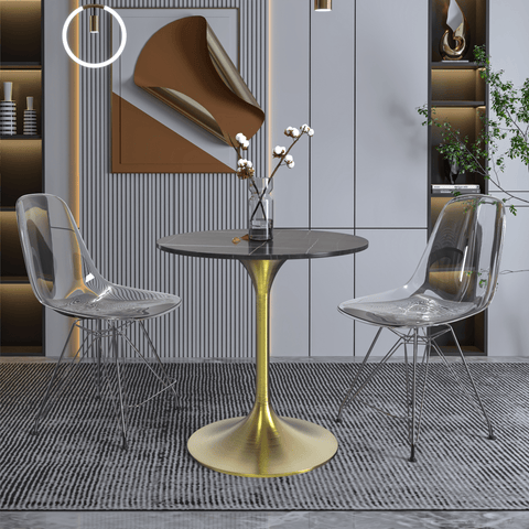 Verve Round Dining Table with MDF/Sintered Stone/Resin Tabletop in Gold Stainless Steel Pedestal Base