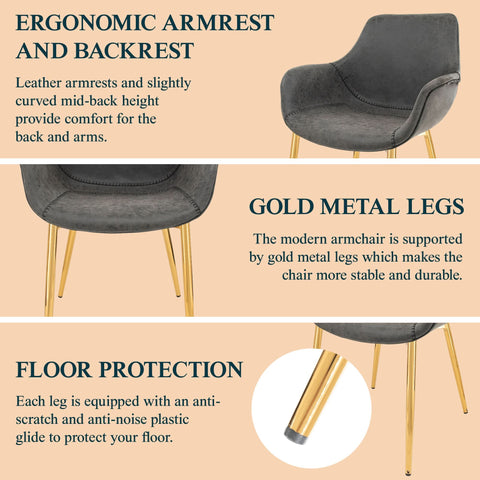 Markley Modern Leather Dining Arm Chair With Black/Gold Metal Legs