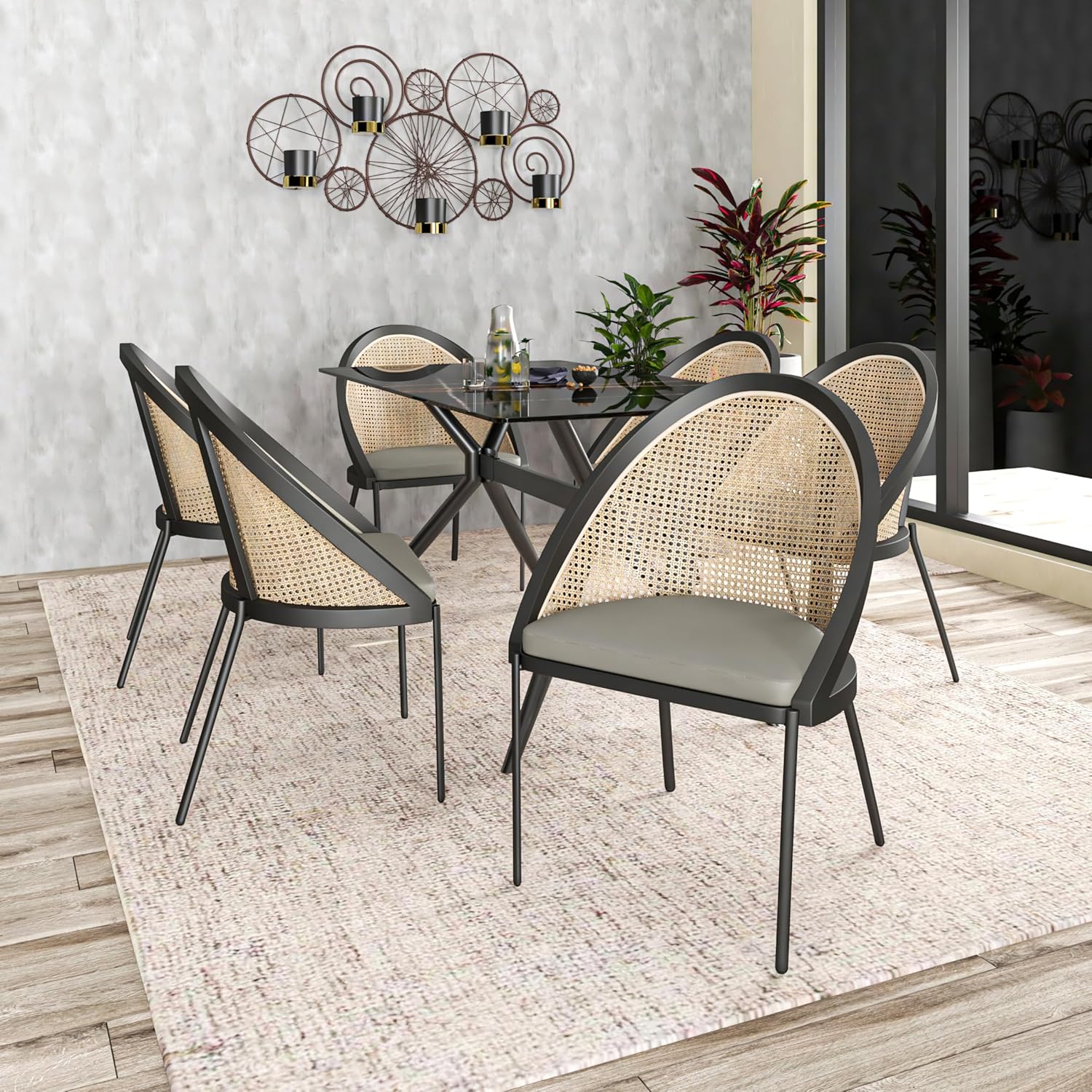 Urbane Dining Chair with Vinyl Fabric Seat and Wicker/Vinyl Backrest in Black Stainless Steel