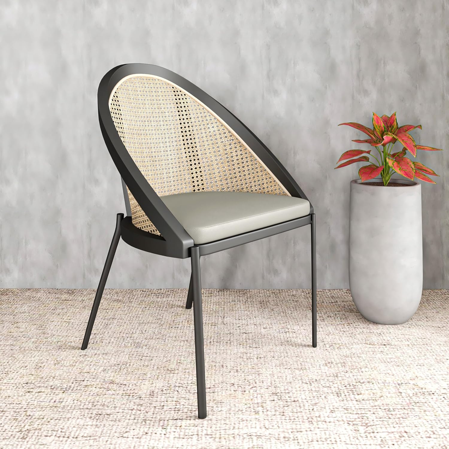 Urbane Dining Chair with Vinyl Fabric Seat and Wicker/Vinyl Backrest in Black Stainless Steel