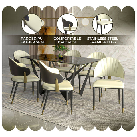 Aria Leather Dining Chair with a Curved Back and Gold Accents Design in Iron Set of 4