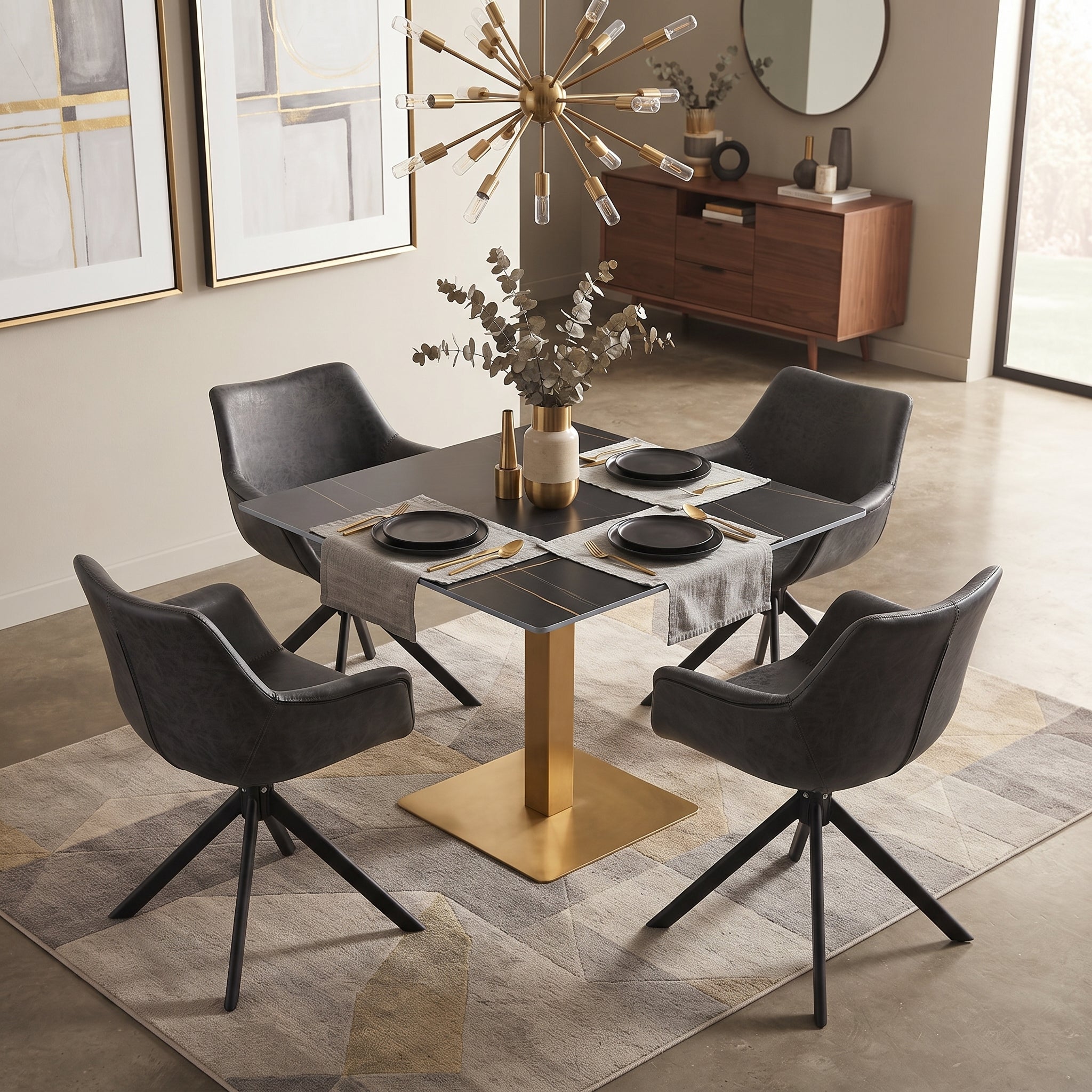 Avenue Collection 35" Square Sintered Stone Top Dining Table in Gold Iron Base