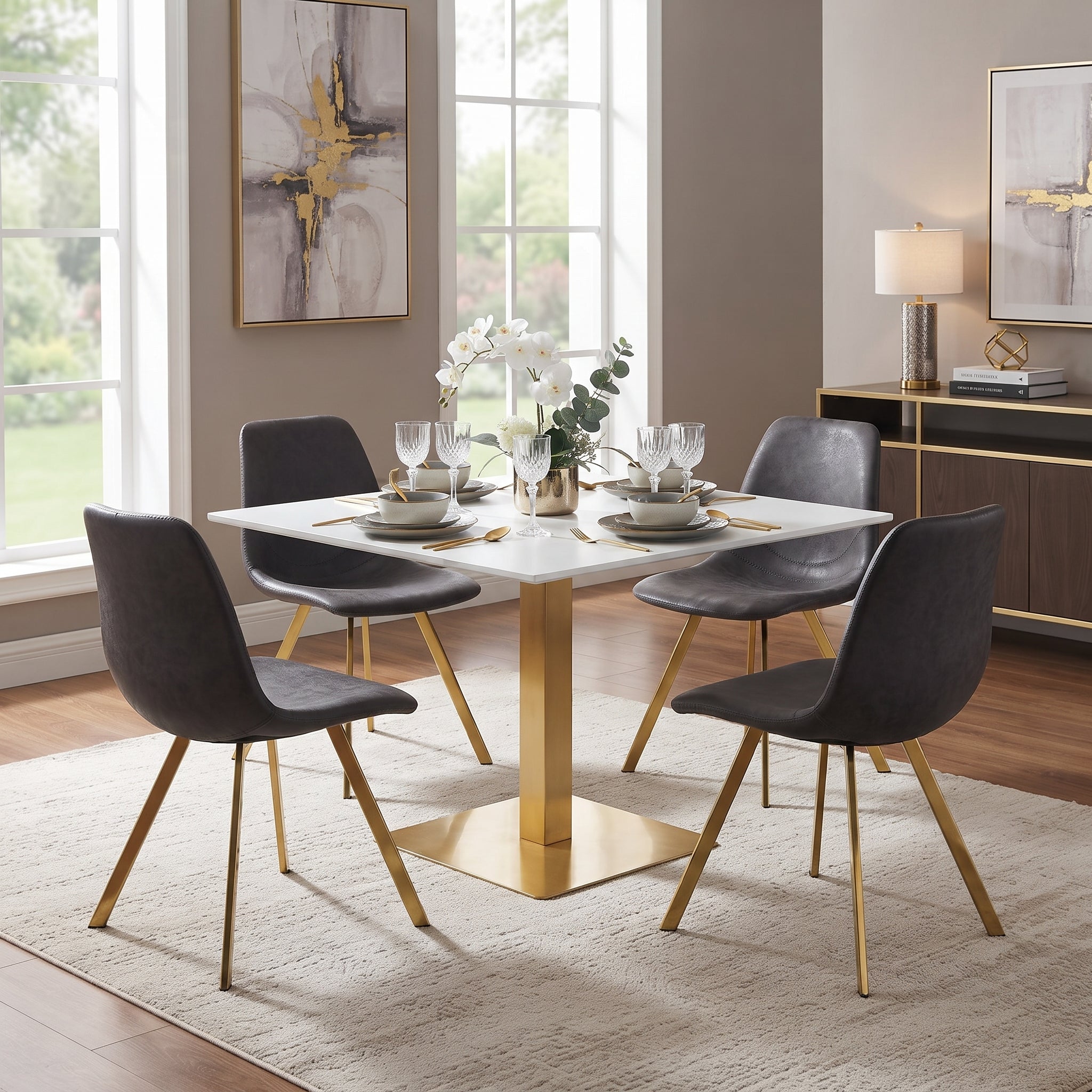 Avenue Collection 35" Square Sintered Stone Top Dining Table in Gold Iron Base