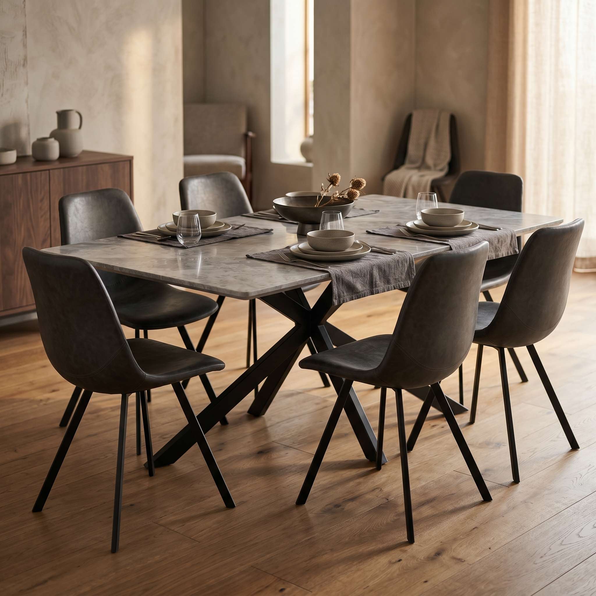 Apex 48 in. Rectangular Dining Table with Sintered Stone Tabletop in Black Steel Base