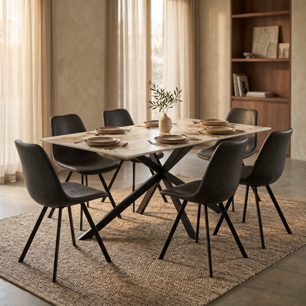 Apex Rectangular Dining Table with Sintered Stone Tabletop in Black Steel Base