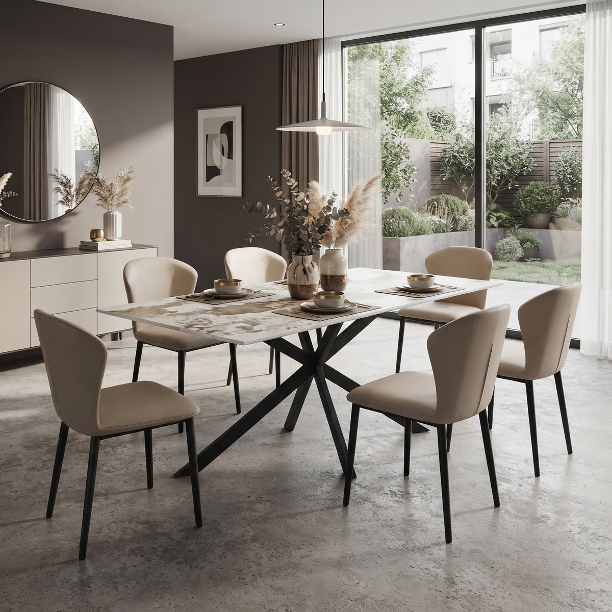 Apex Rectangular Dining Table with Sintered Stone Tabletop in Black Steel Base