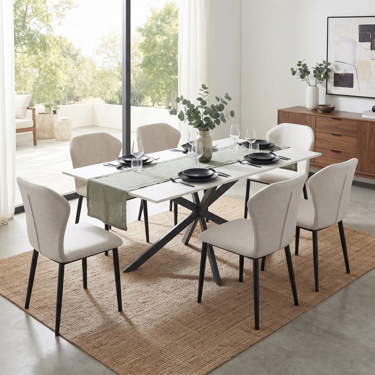 Apex Rectangular Dining Table with Sintered Stone Tabletop in Black Steel Base