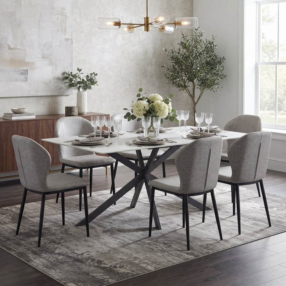 Apex Rectangular Dining Table with Sintered Stone Tabletop in Black Steel Base