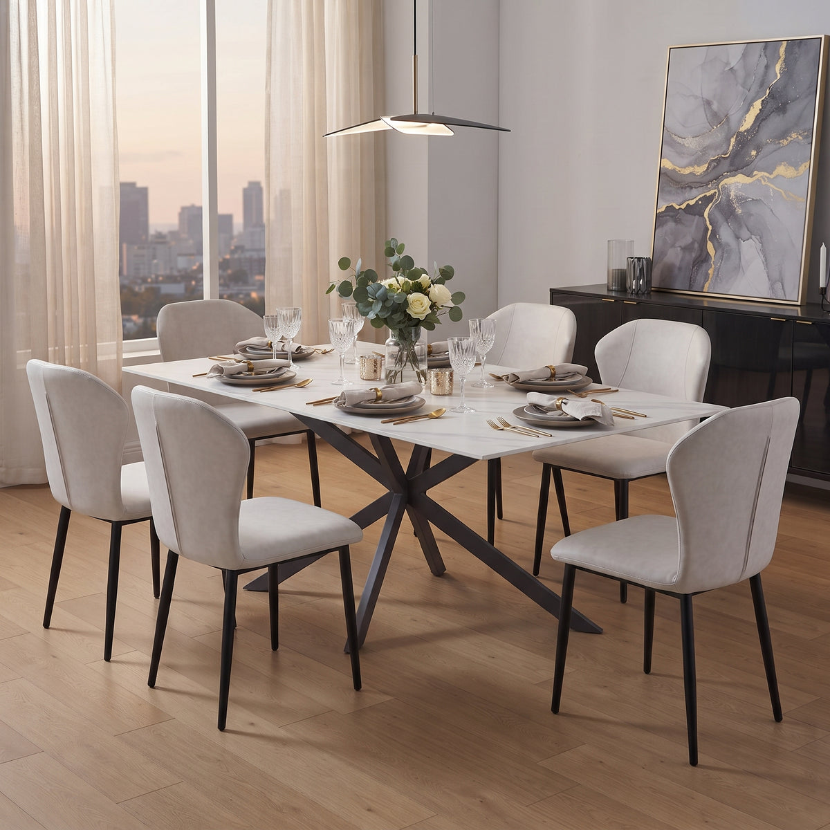 Apex Rectangular Dining Table with Sintered Stone Tabletop in Black Steel Base