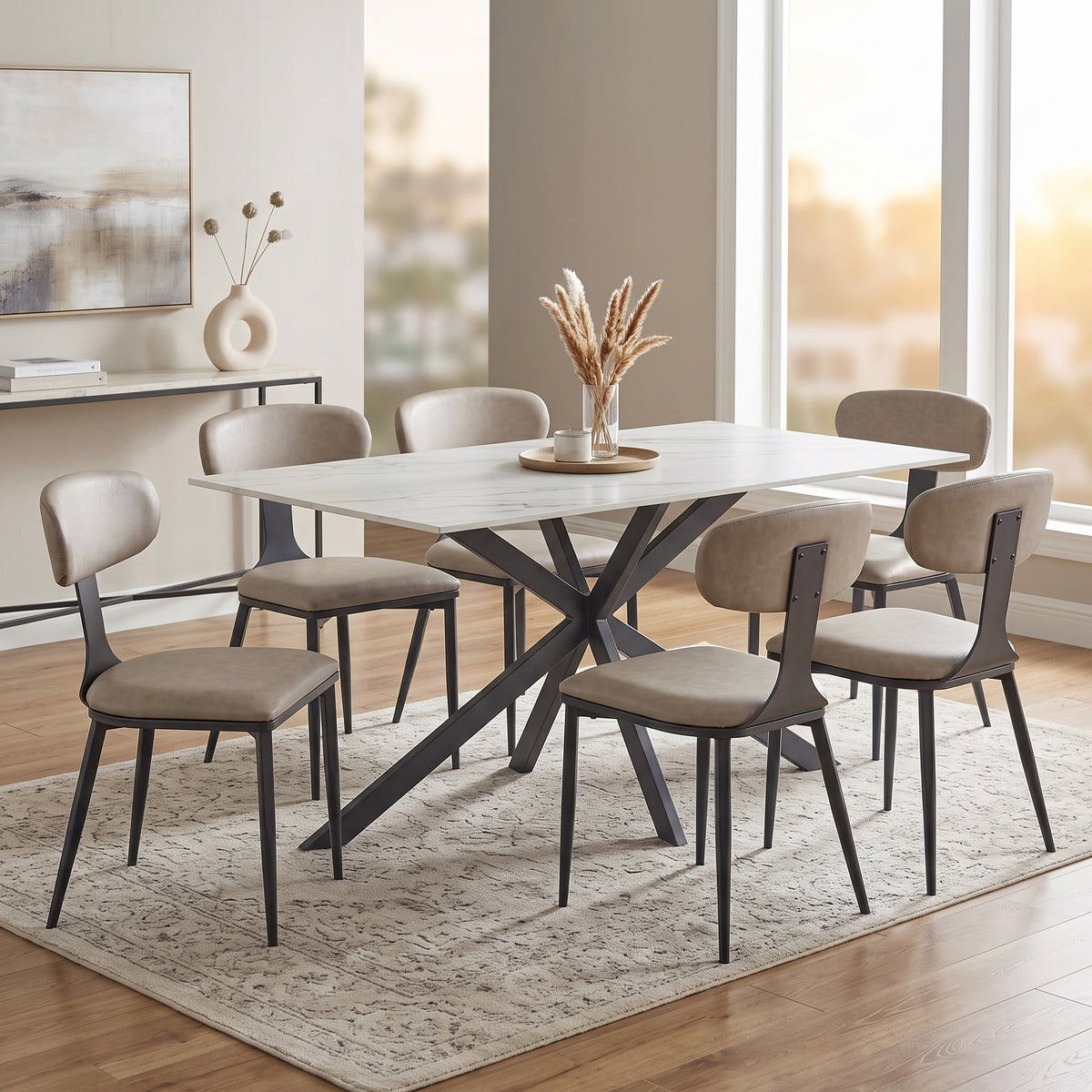 Apex Rectangular Dining Table with Sintered Stone Tabletop in Black Steel Base