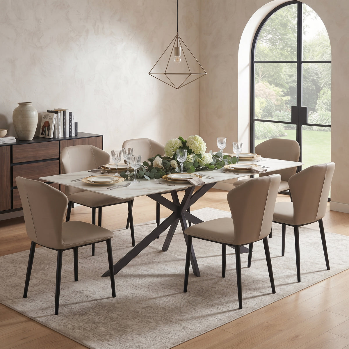 Apex Rectangular Dining Table with Sintered Stone Tabletop in Black Steel Base