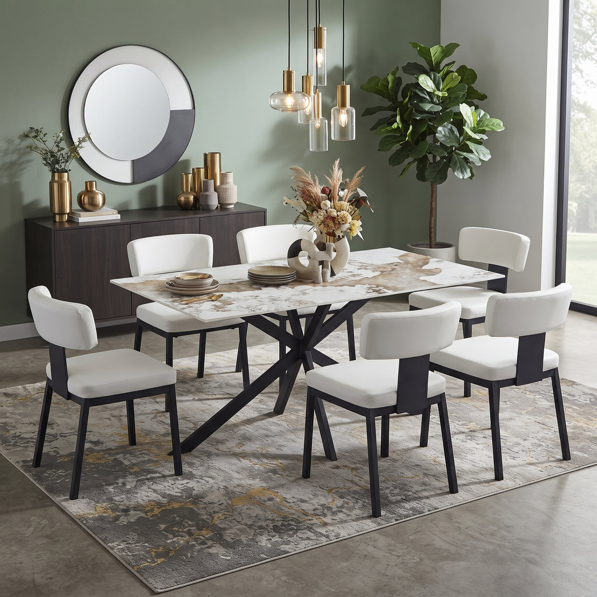 Apex Rectangular Dining Table with Sintered Stone Tabletop in Black Steel Base