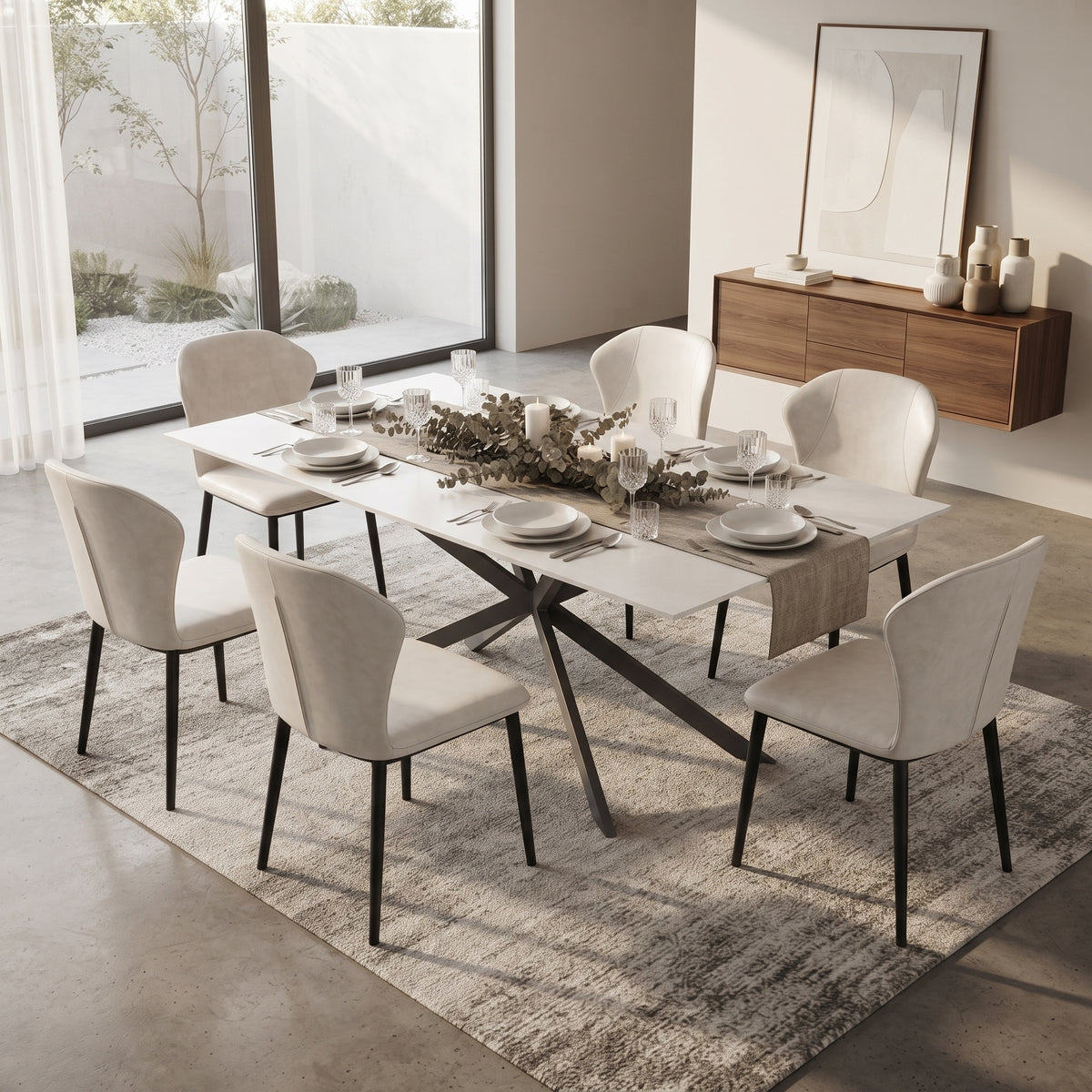 Apex Rectangular Dining Table with Sintered Stone Tabletop in Black Steel Base