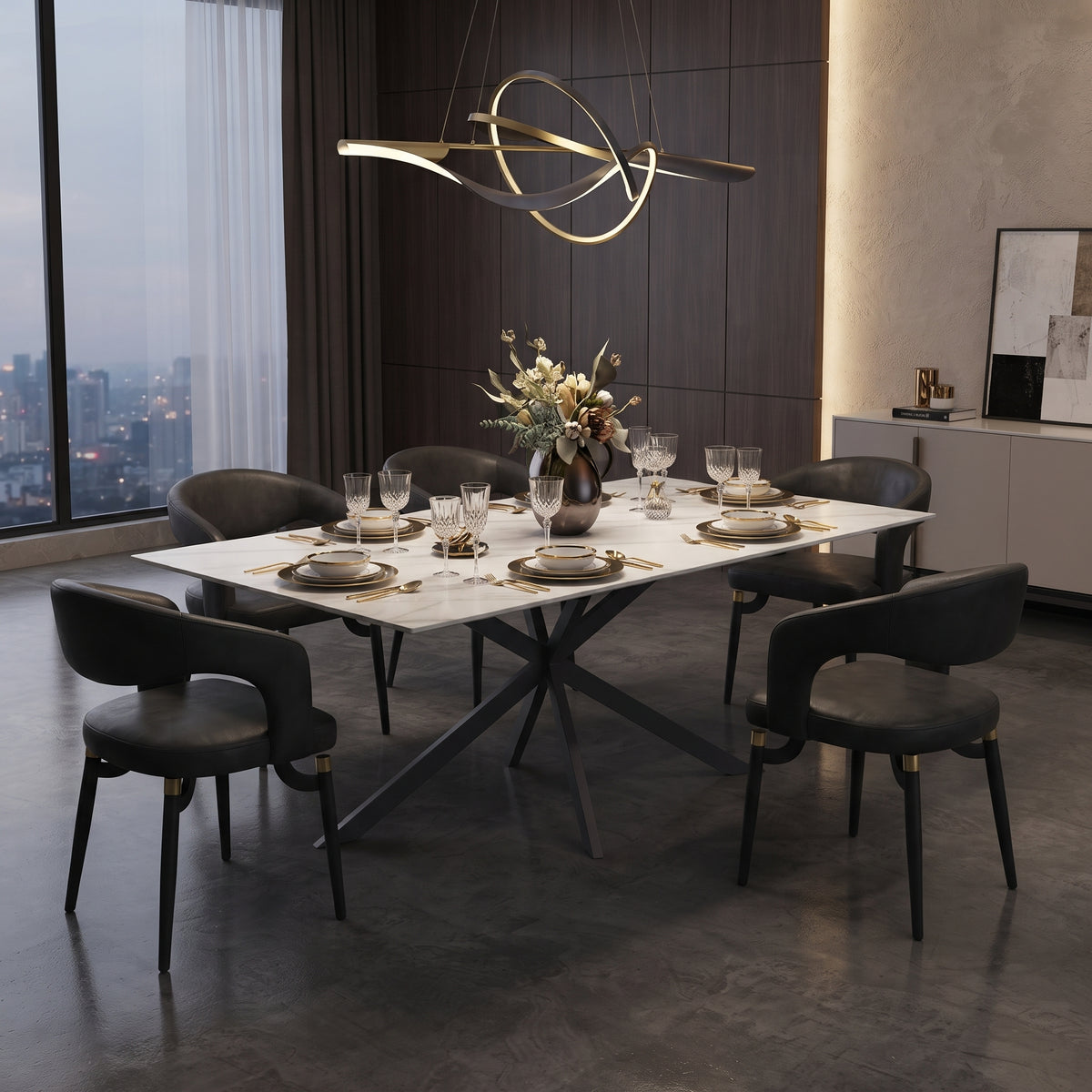 Apex Rectangular Dining Table with Sintered Stone Tabletop in Black Steel Base