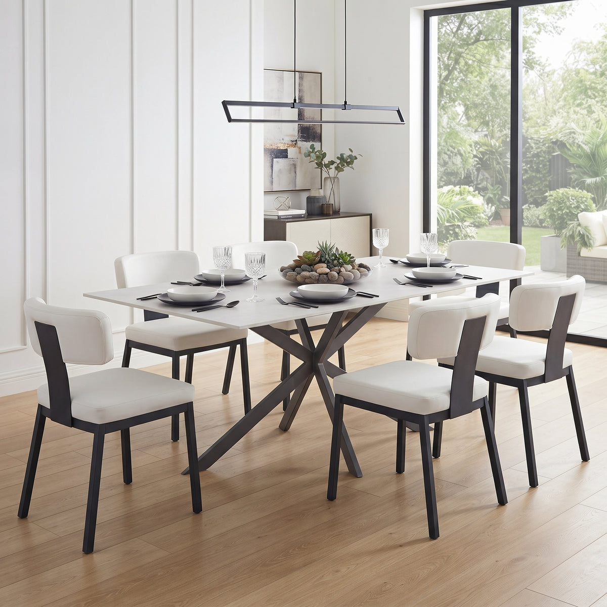 Apex Rectangular Dining Table with Sintered Stone Tabletop in Black Steel Base